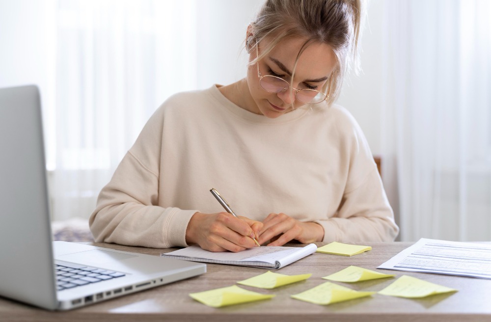 A girl sits at a desk, deeply engaged in analysis. She diligently writes down notes, showcasing her focused concentration and commitment to her work.