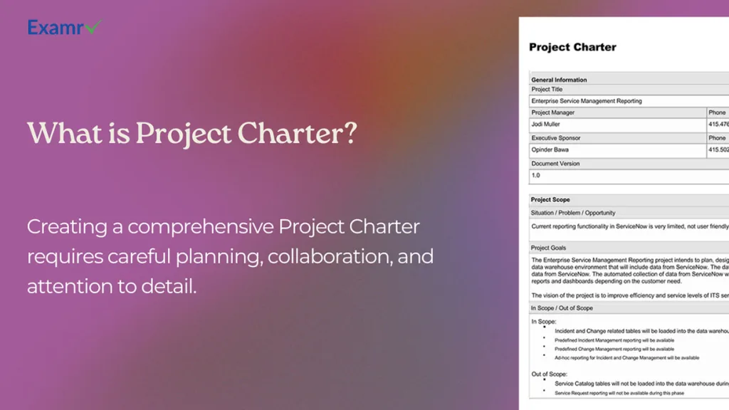 An image displaying the title 'Project Charter' with a small, blurred example document underneath