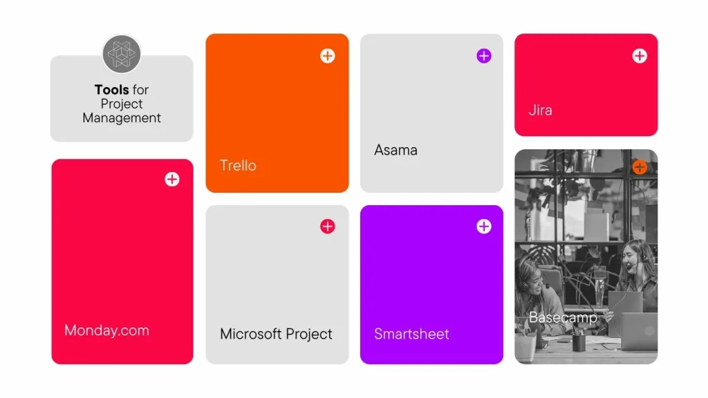 Colorful representation of various project management tools, each associated with a different color.